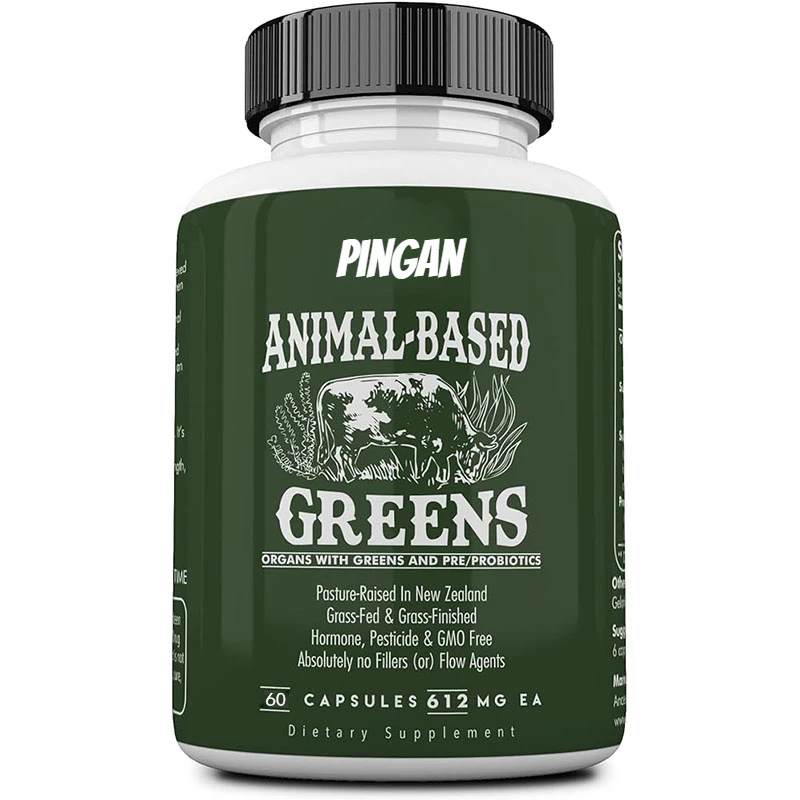 Cápsulas de polvo verde que con espirulina, microgafas, órganos de carne alimentados por hierba y probióticos, promoción de la salud intestinal, sin OGM