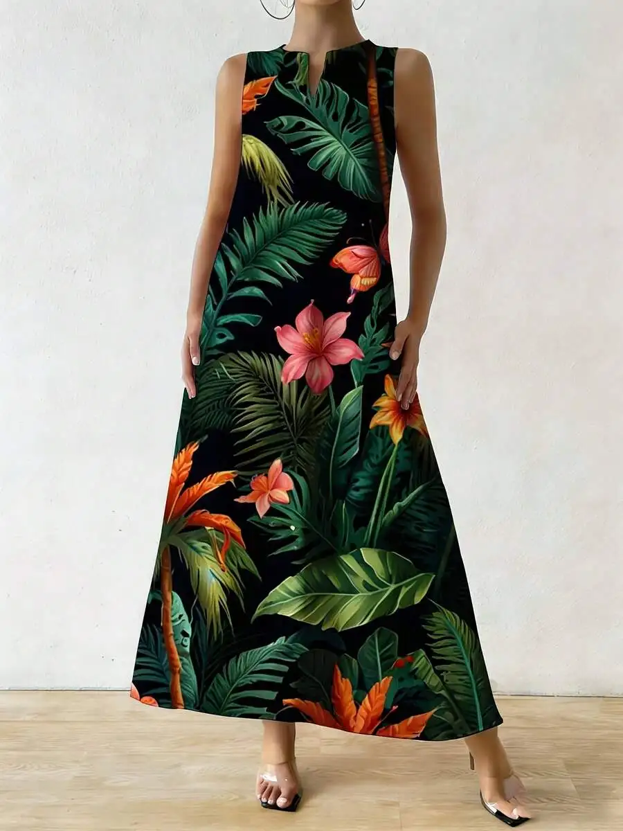 

Tropical Floral Print Sleeveless V Neck Maxi Dress Women Casual Beach Vacation Leisure