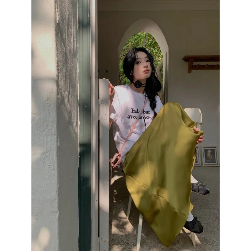 2024 elegante saias longas de cetim para mulheres cintura alta a linha saia sólida feminina cáqui moda feminina maxi saias de seda branca y3120f