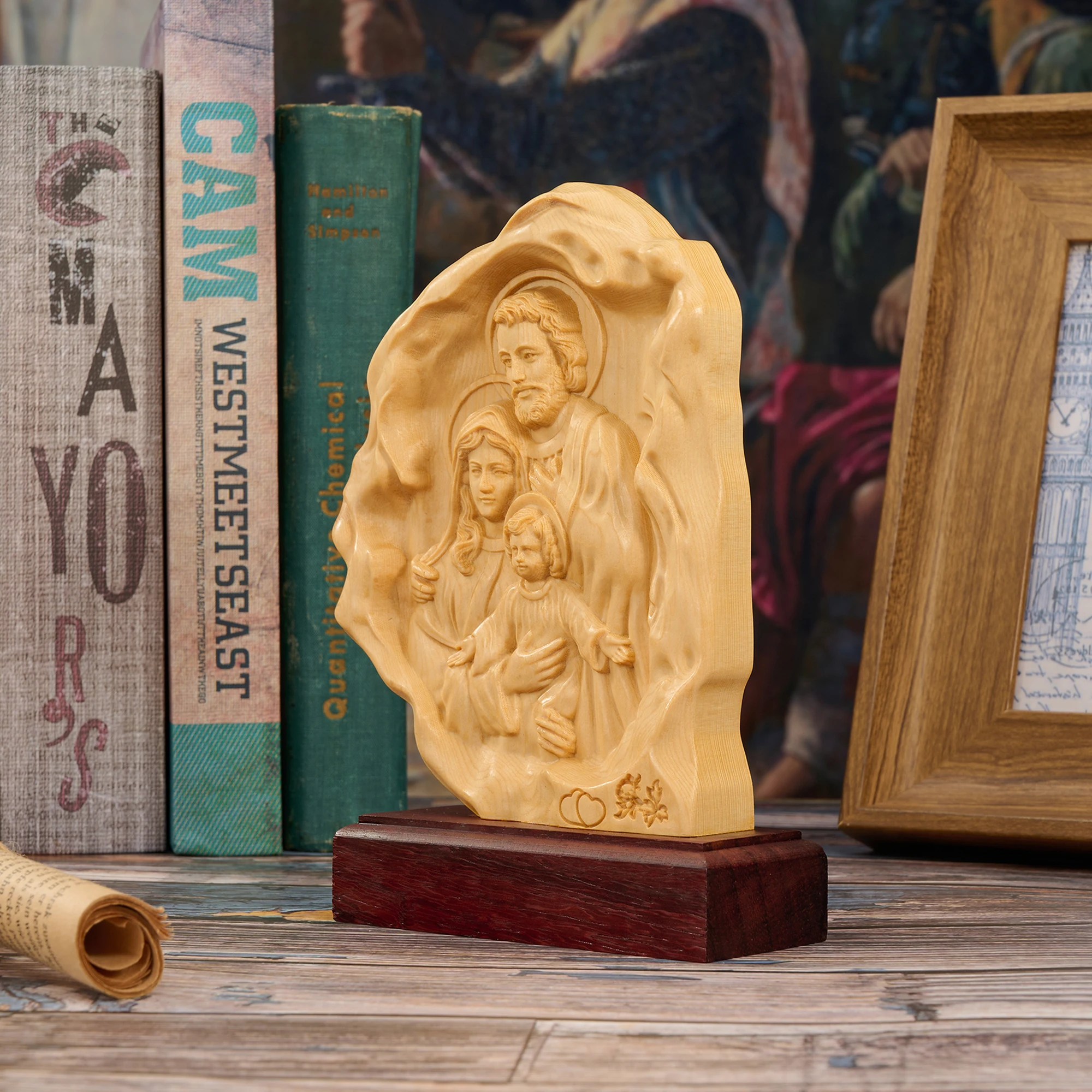 Hand‑Carved Light Boxwood Holy Family Relief Plaque Natural Edge Shape With Rosewood Base Catholic Religious Sculpture Believer