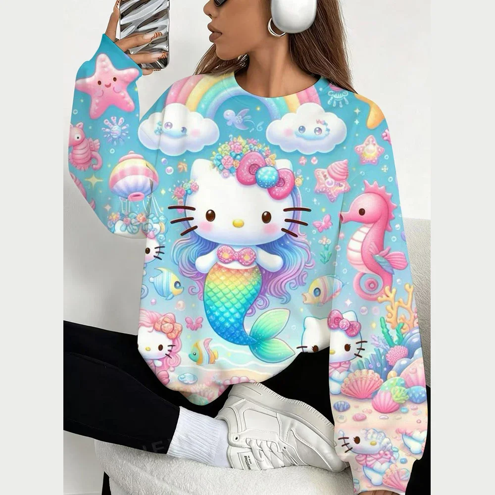 Women Hoodies Halloween Hello Kitty Print Sweatshirt Women Fashion Crew Neck Pullover Hoodie Hello Kitty Female Coat