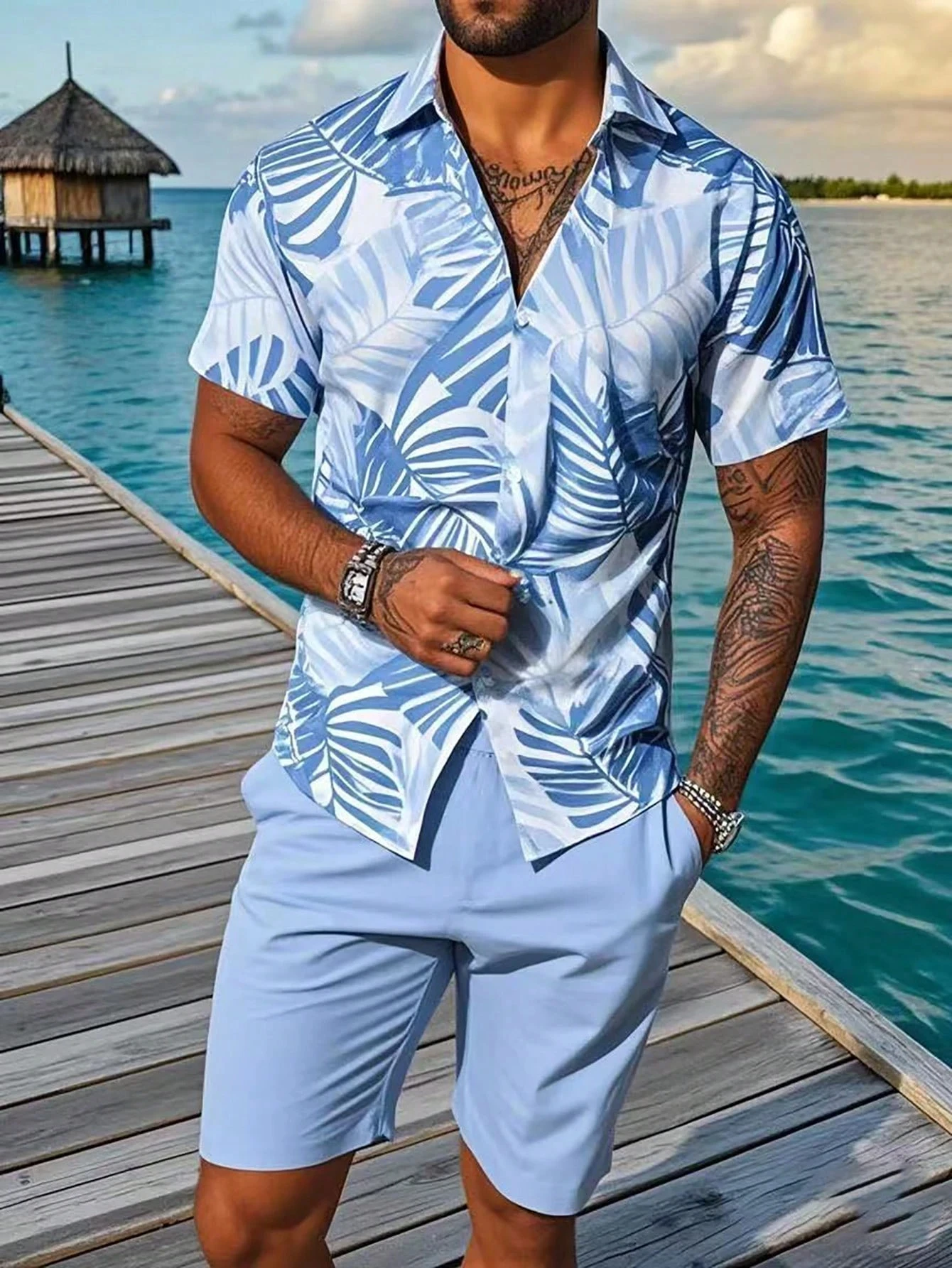 

Men's Casual Vacation Shirt set, short-sleeved button-down shirt, Monstera Printed Hawaiian And shorts, 2-piece Set