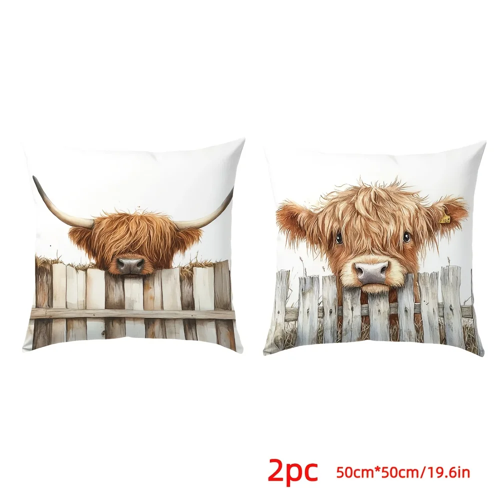 2pcs Rustic Highland Cow Decorative Throw Pillow Covers Farmhouse Animal Print Cushion Cases for Sofa Bedroom
