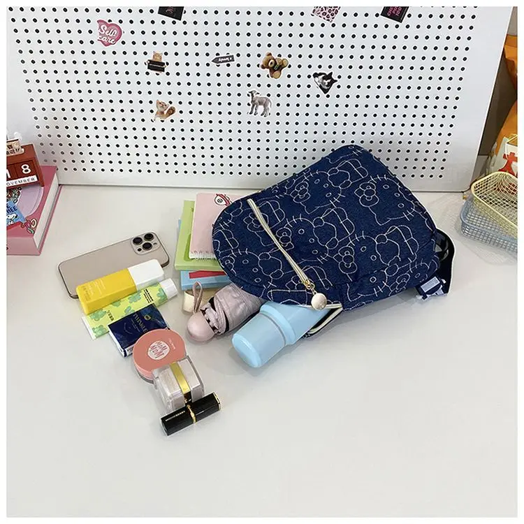 2025 hello kitty mochilas denim bordado casual ombro versátil multi-uso mochila sacos de moda para meninas mulheres