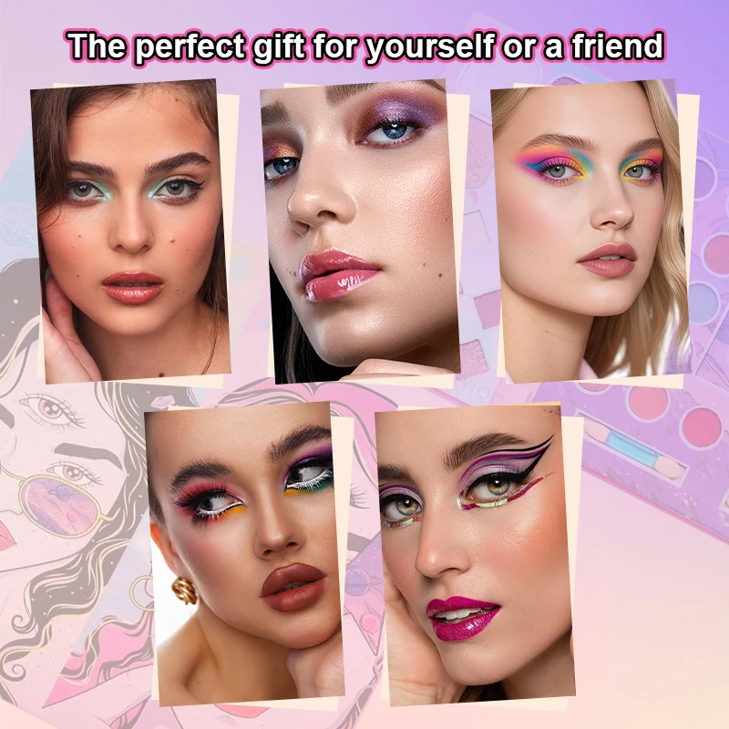 Paleta do makijażu w stylu kreskówkowym: Wielofunkcyjny zestaw do makijażu z brokatowymi i matowymi cieniami do powiek z diamentowymi zdobieniami dla trendsetterów.