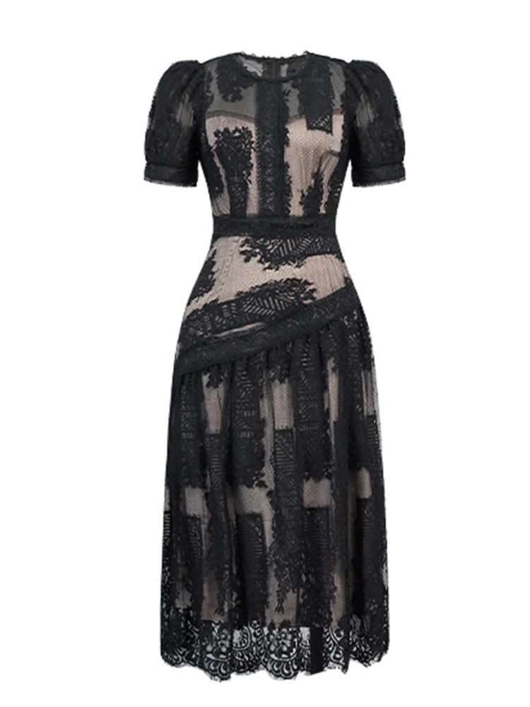 Robe de bal mi-longue romantique pour femmes, Chic, dentelle transparente, maille superposée, Robe trapèze, Style élégant, robes de soirée formelles