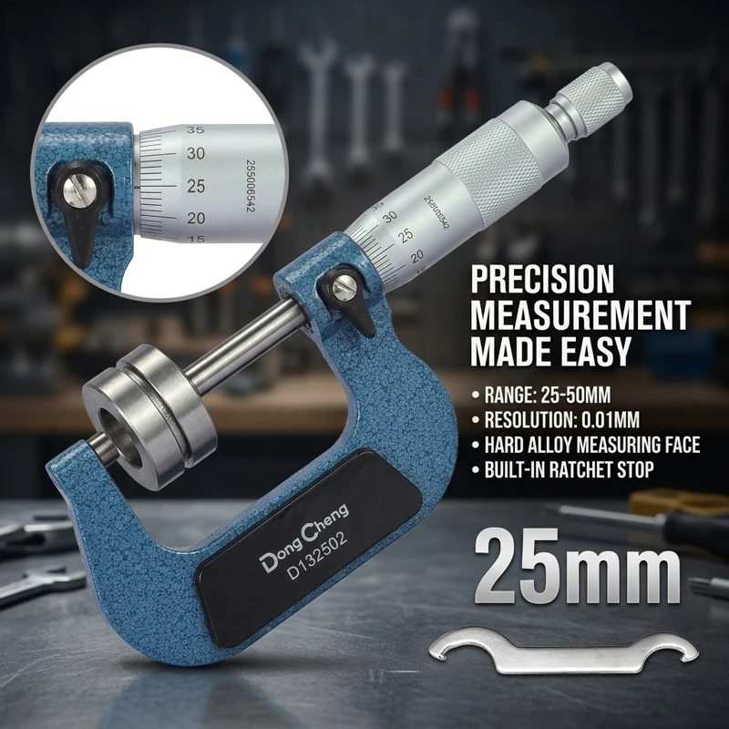 25-50mm Outside Micrometer 0.01mm Graduation ±0.004mm Accuracy Carbide Anvil Constant Force Locking Insulation Plate