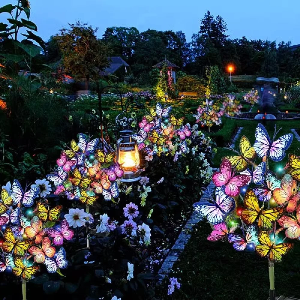Solar Powered Butterfly Tree Light Outdoor Yard Decor Colorful Simulation Lawn Ground Insert Lighting 1pc/2pcs