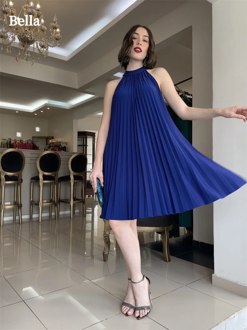 

Bella Royal Blue O-neck Prom Dresses Chiffon A-line Pleated Wedding Dress Elegant Sleeveless Knee-Length Vestidos De Fiesta 2024