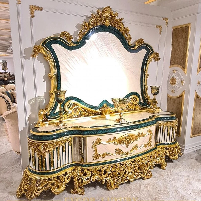 

European luxury gold wood carving buffet cabinet palace home decoration living room sideboard
