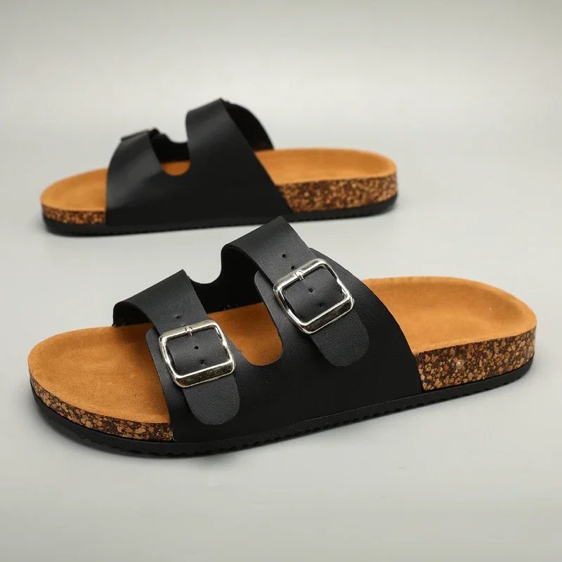 Summer men's shoes with cork soles, double buckles, versatile and trendy outdoor and indoor sandals, comfortable and refreshing