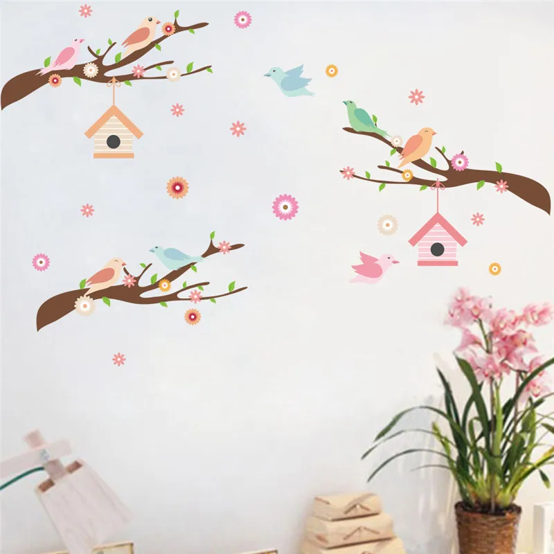 Cute Bird Singing On Tree Branch Wall Stickers Kids Room Decoration Cartoon Safari Mural Art Home Decal Animal Poster