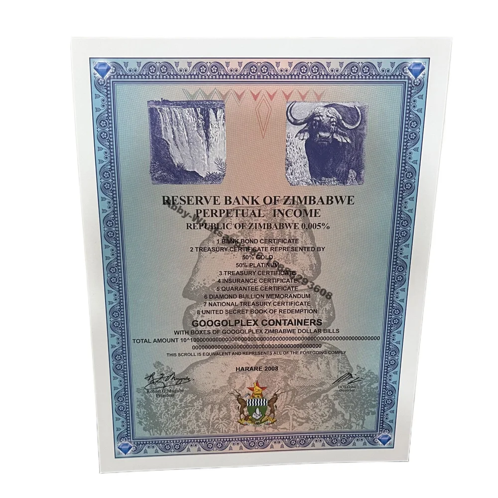 

Zimbabwe Certificate Banknotes Googolplex Containers Serial scroll bonds with UV Anti-counterfeiting free shipping by ups/fedex