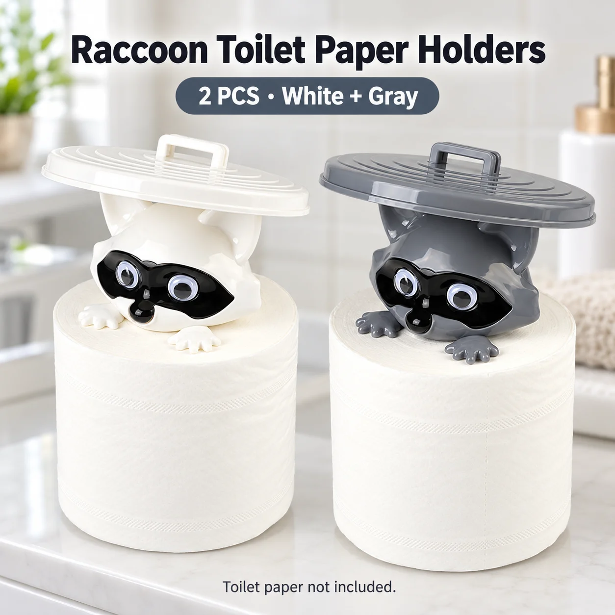 2pcs Cute Raccoon Toilet Paper Holder Set White and Gray Toilet Roll Holders Funny Animal Bathroom Decor