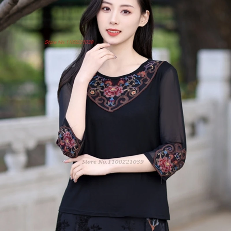 

2024 chinese vintage folk t-shirt traditional flower embroidery mesh sleeve shirt hanfu tops ethnic o-neck base shirt streetwear