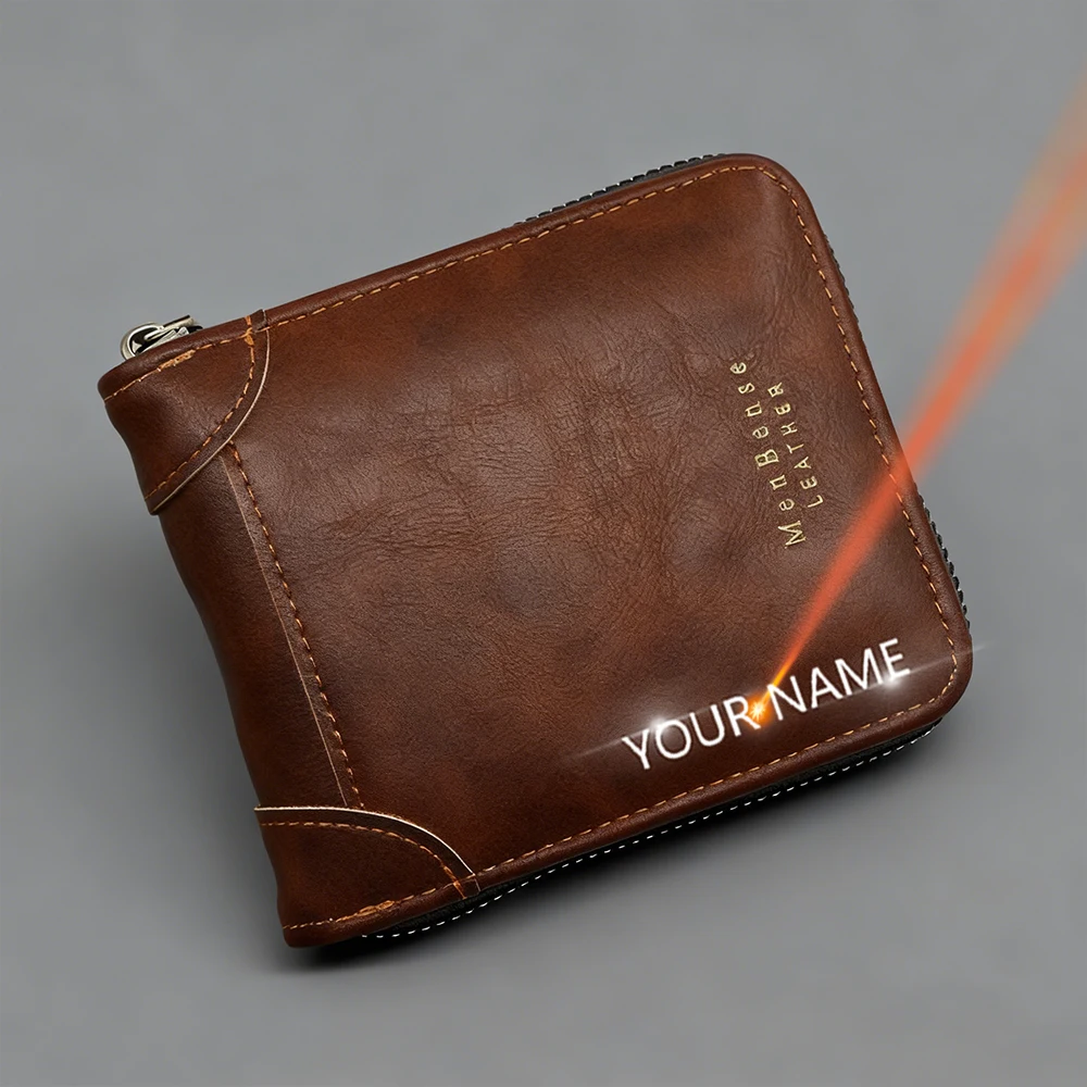 Image of Große Kapazität Herren Kurze Geldbörsen Namengravur Hochwertiger Kartenhalter Retro Münzbörse Einfacher Reißverschluss Herren Geldklammer