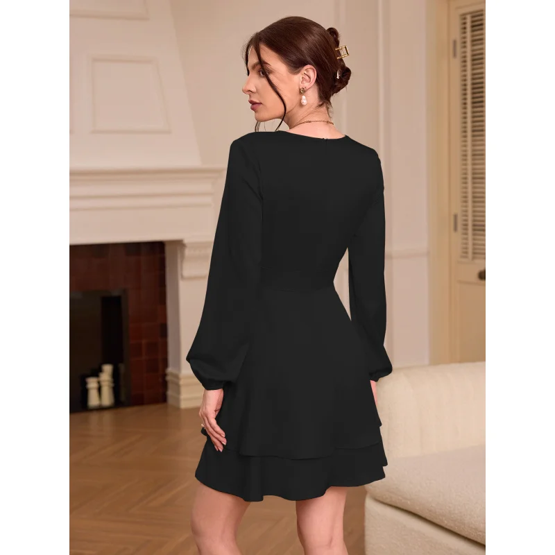 Elegante satijnen damesjurk voor herfst en winter Slim-fit korte jurk met vlantaarnmouwen