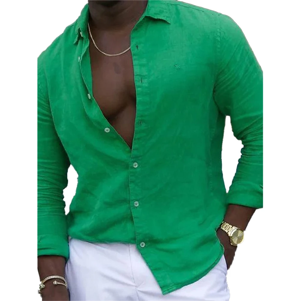 Mens Casual Shirt  Long Sleeve Loose Blouse  Band Collar Button Down Shirts  Tops for Holiday  Green  White  Pink  Light blue