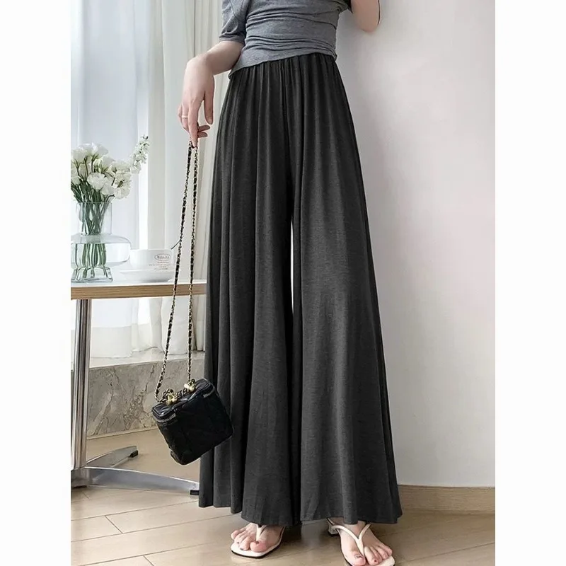 Female Summer Modal Grey Wide Leg Pants Women's New Elastic High Waist, Slim and Falling, Large Swing Straight Leg Casual Pants