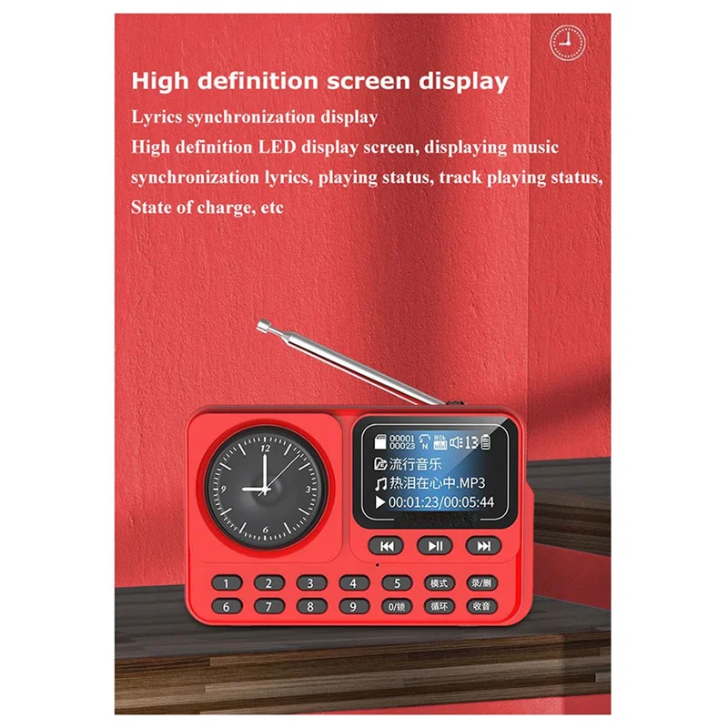 AAAEL-Recording Support Hifi Bluetooth Speaker FM Radio Portable Receiver Multifunctional Clock LED Lyrics Display