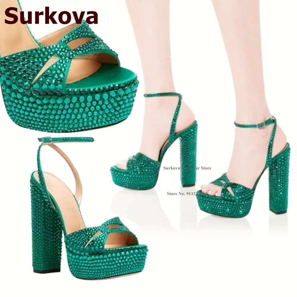 Surkova Emerald Green Bling Bling Sandals Women Luxury Rhinestone Chunky Heel Platform Wedding Shoes Buckle Strap Dress Pumps