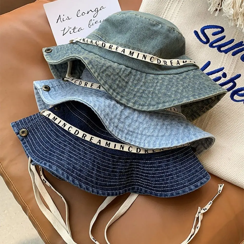 

Fashion Big Brimmed Denim Bucket Hat With Tie Belt Letter Jeans Fisherman Hat Korean Style Visor Sunscreen Hat Women