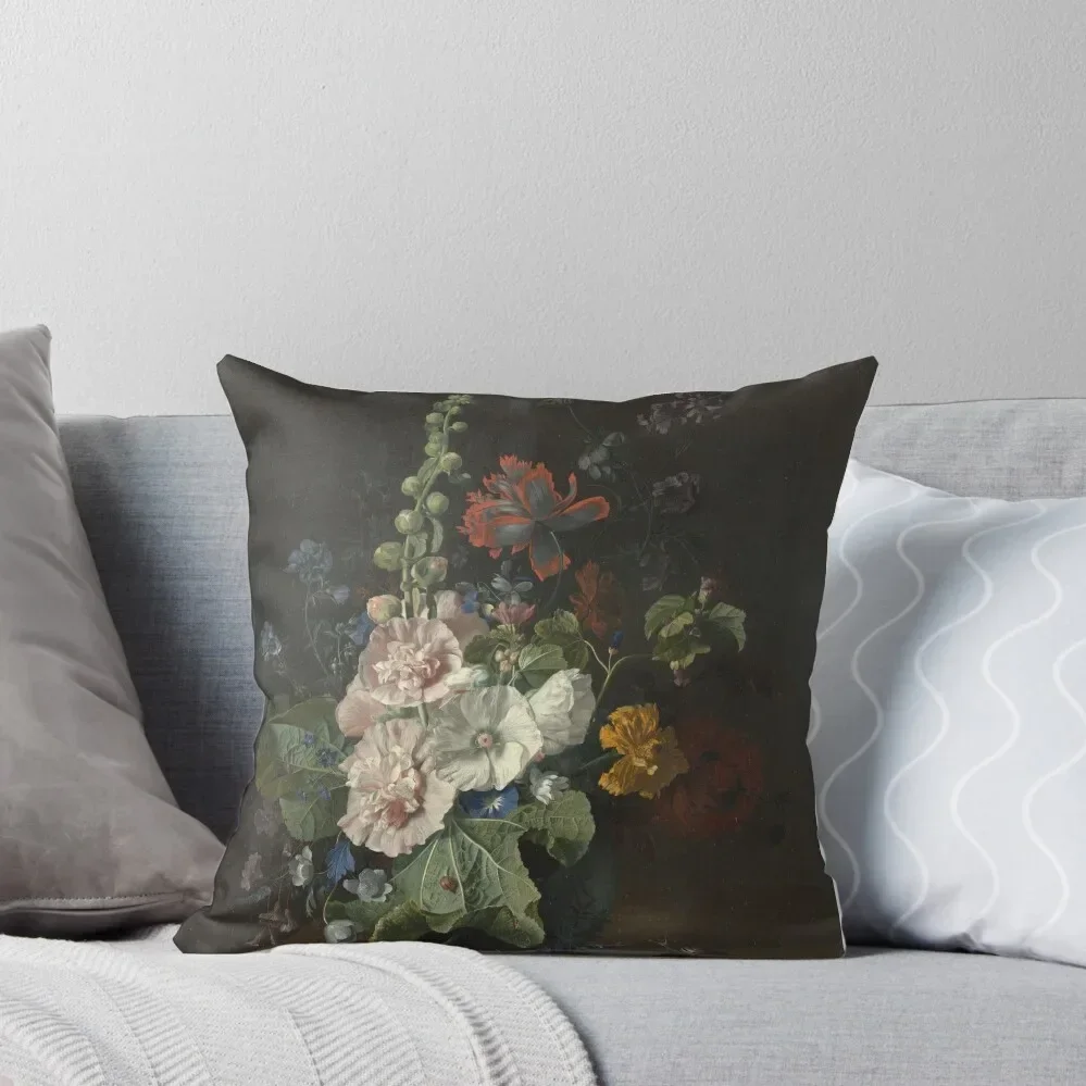 Jan Van Huysum - Hollyhocks And Other Flowers In A Vase Throw Pillow Luxury Cushion Cover Pillowcases pillow