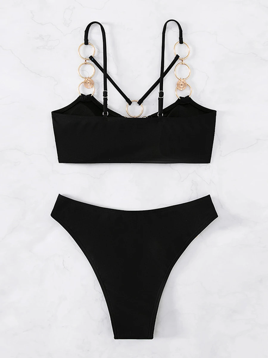 Ring Linked Harness Bikinis 2024 Black Swimsuit Solid Swimwear Women Bathers Bathing Swimming Suit Female Beachwear Summer