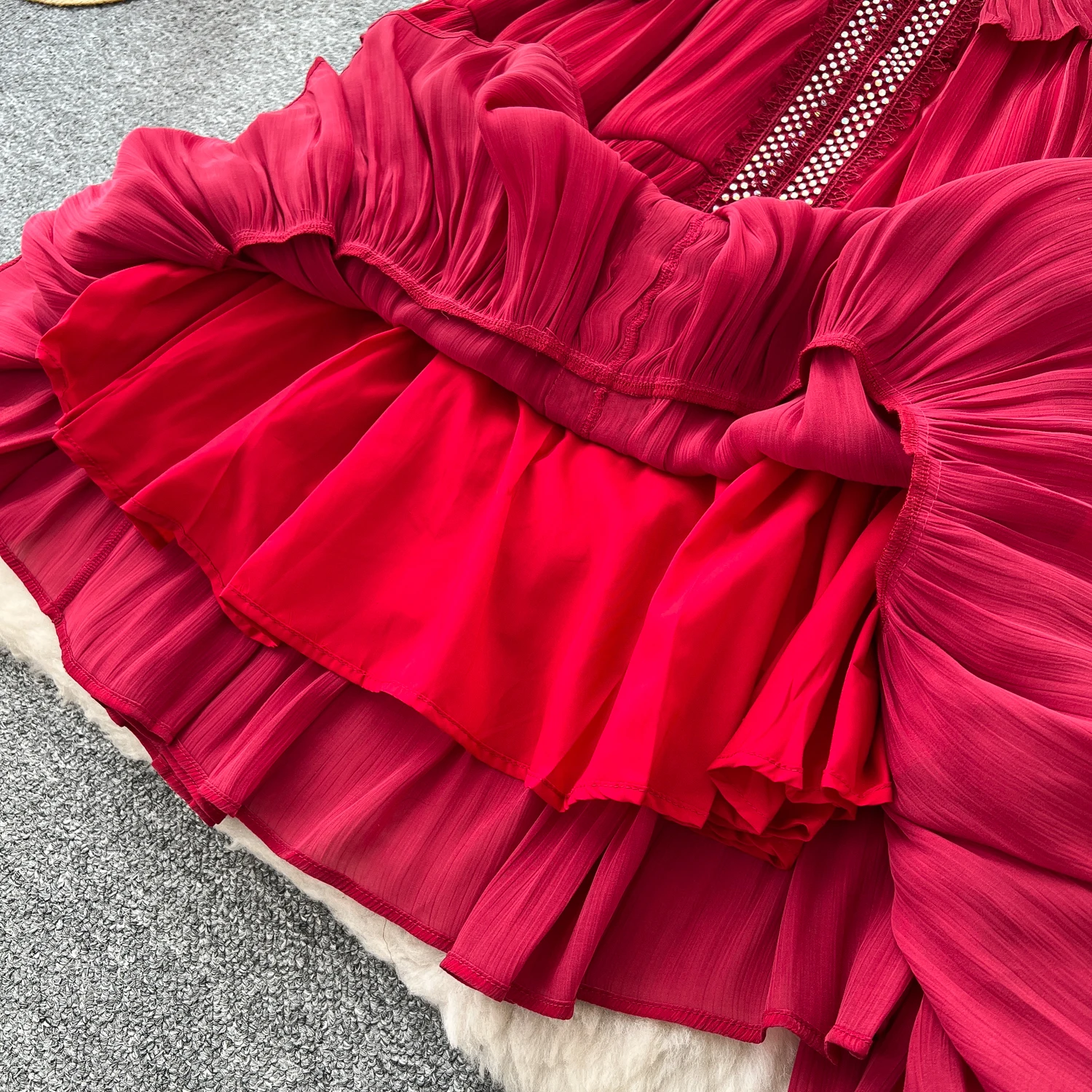 Casual lantaarnmouwen strass slim fit basics lange jurk Franse high street kleding dameskleding