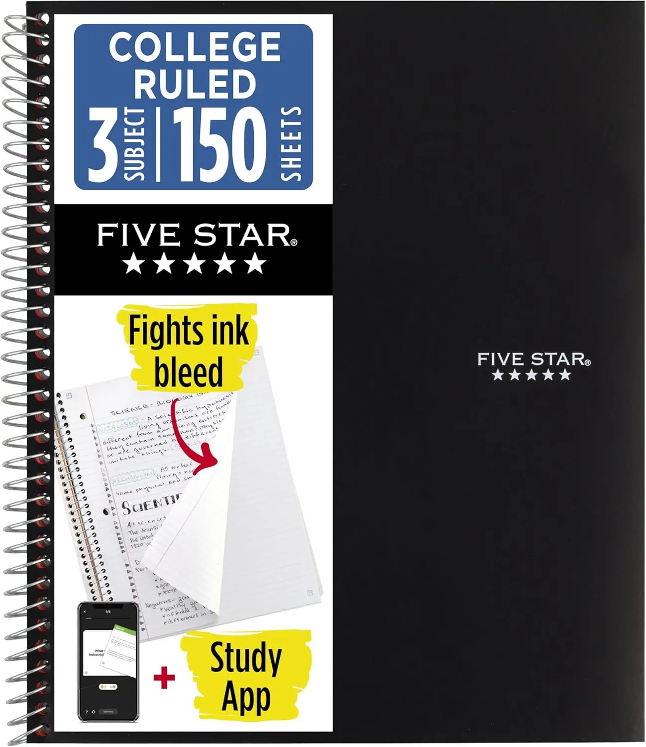 3 Subject Spiral Notebook 8.5x11, College Ruled, 150 Sheets, Water Resistant Cover, Fights Ink Bleed, Black + Study App
