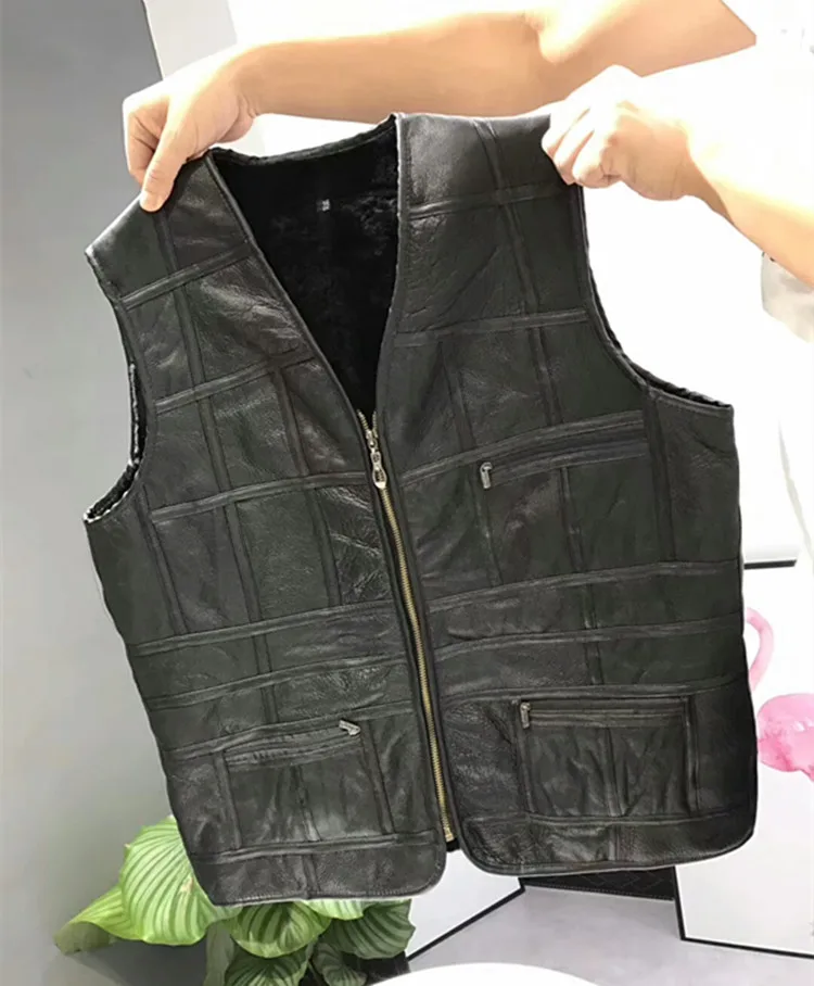 New Fashion Leather Vest Men\'s Suit Leather Waistcoat Winter Sheepskin Vests Genuine Leather Patchwork Tops Plus Size XL-XXXXXL