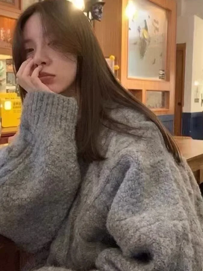 

Loose Fit round Neck Knitted Sweater Women's Thickened Autumn Winter White Lazy Style Outerwear Soft Polyester Fiber Long Sleeve