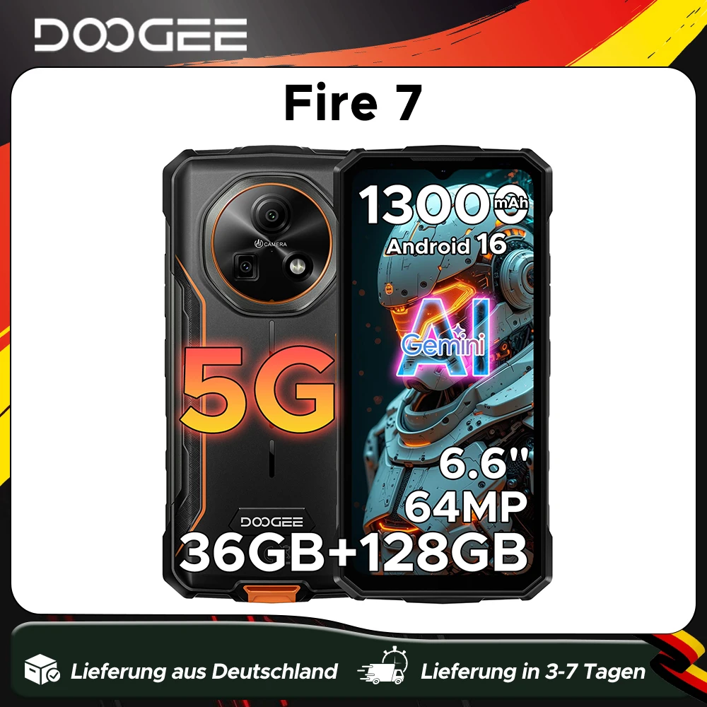 DOOGEE Fire 7 5G Robustes Smartphone Dimensity 6300 13000mAh Akku 6,6'' Display 64MP Kamera Globale Version Android 16 Smartphone