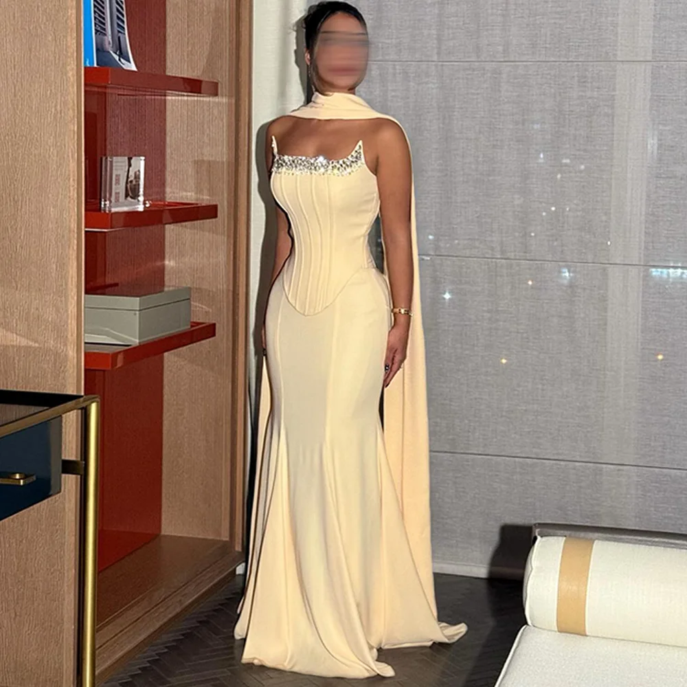 

Mermaid Yellow Jersey Evening Dress Customized Strapless Sleeveless Homecoming Dresses Exquisite Lace Up Back Celebrity Gowns