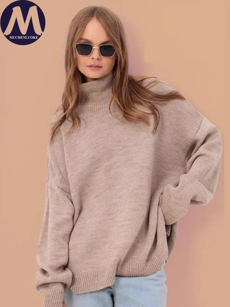 

Свитер для женщин, осень-зима, элегантный вязаный утепленный свитер с длинными рукавами и высоким воротом, модные повседневные свободные теплые пуловеры