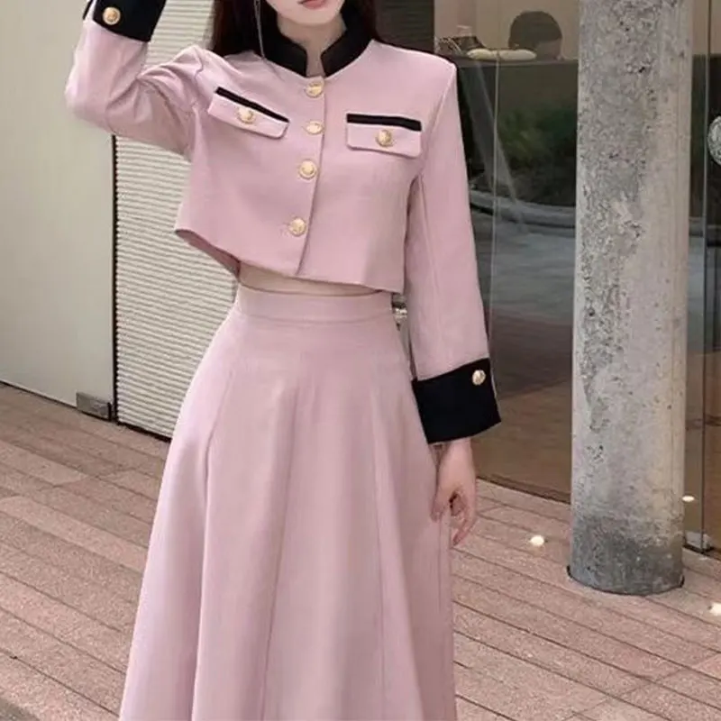 Elegant Fashion Harajuku Slim Fit Women's Clothing Loose Casual All Match Stand Collar Outerwear Solid Skirts Two Piece Set