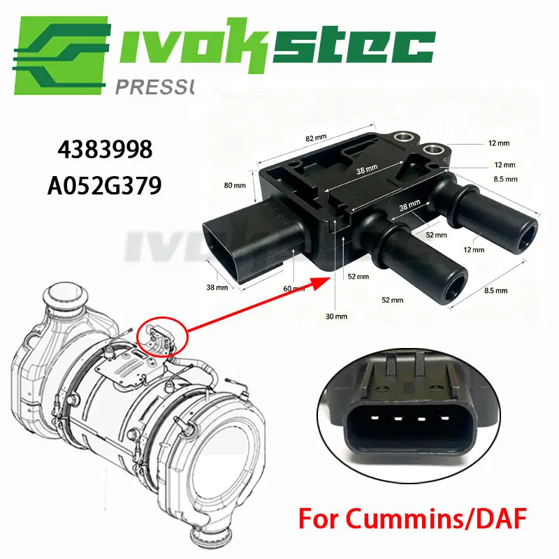 1Pc Differential Pressure Sensor A052G379 For Cummins ISC Series 8.3L ISM ISX 2003-2013 DAF CF 85 XF LF Euro6 2001-2021 4383998