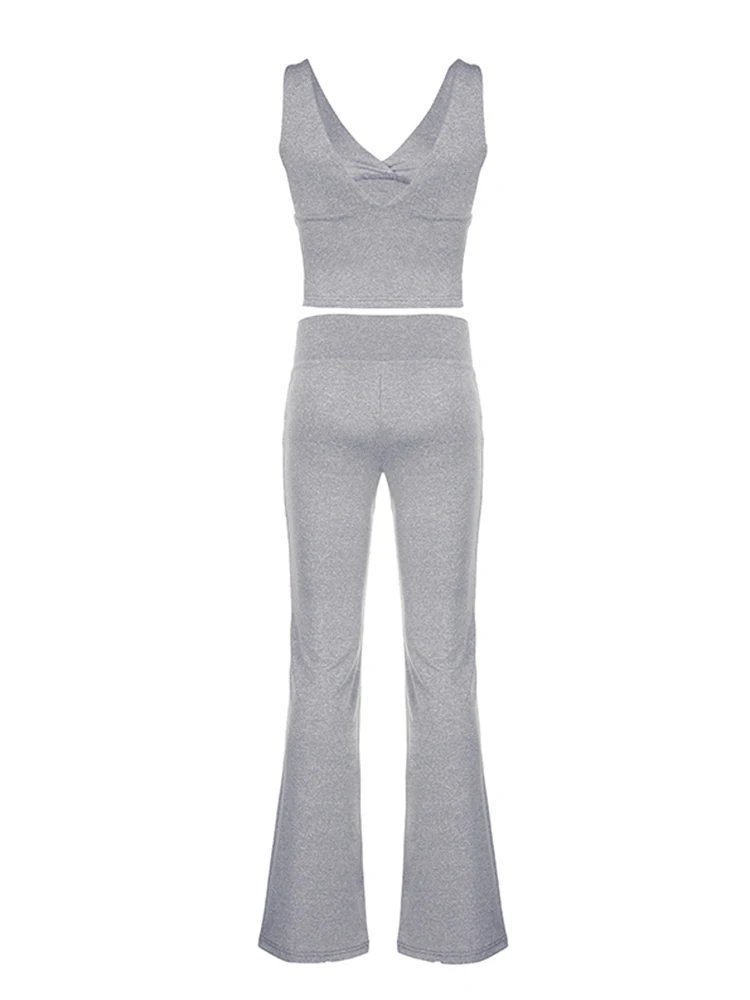 Sweetown Gray Slim Sleeveless V Neck Vest And V Shape Waist Flared Leggings 2 Pieses Pants Sets Womens Summer Baddie Outfits