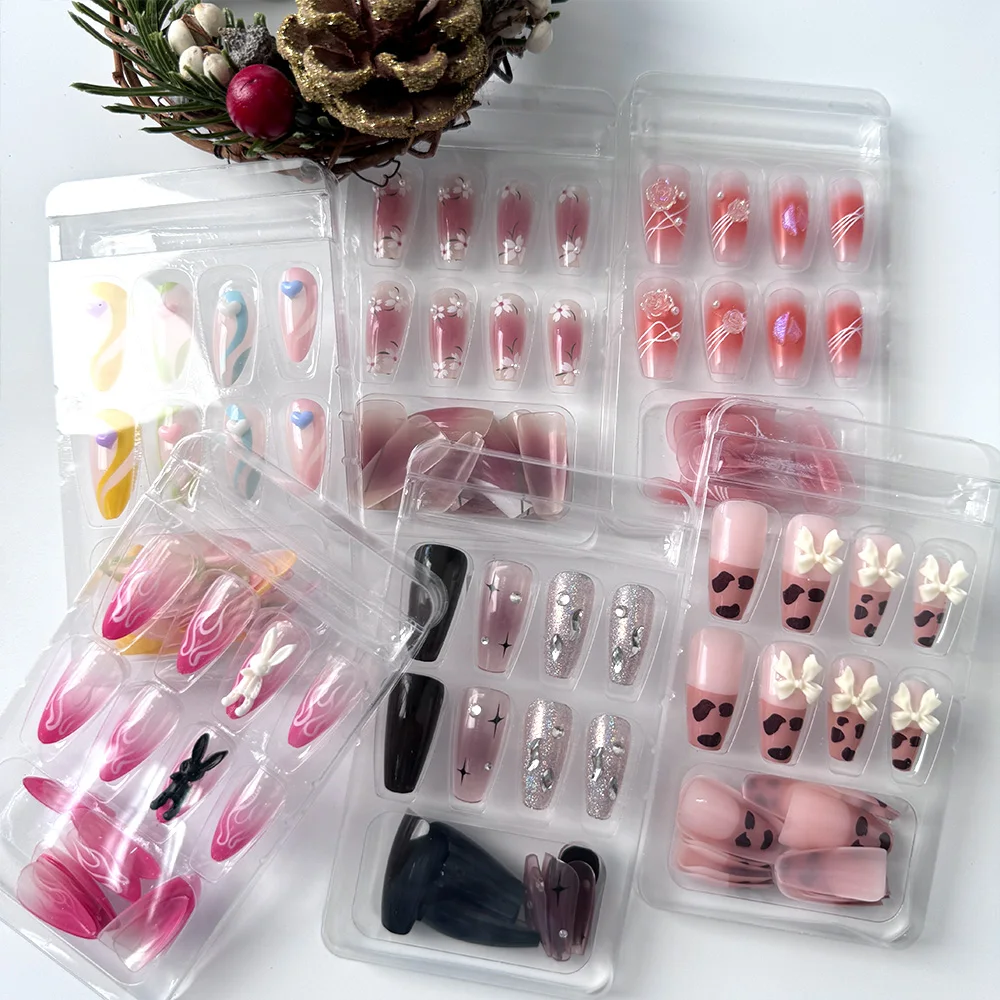 

144PCS(6Boxes) Pink Press On Nails Medium Almond/Coffin fake nails Mixed Nail Kits Fashion Rabbit/Flame/Bows/Flowers False Nails