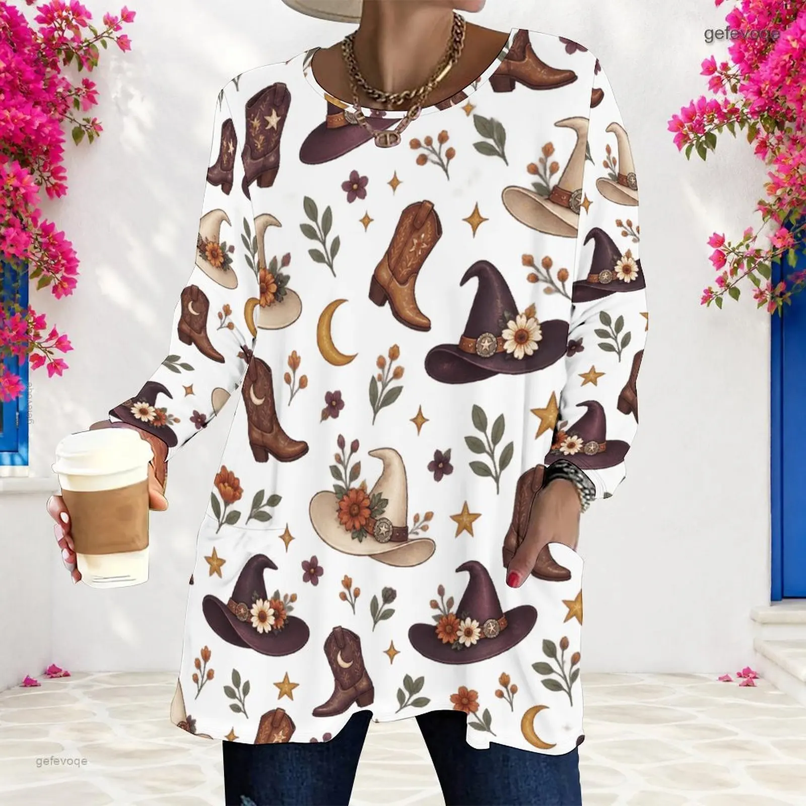 Women White Printed Long Sleeve Round Neck Loose Tunic Top with Pumpkin Puppy Maple Leaf Pattern and Pockets