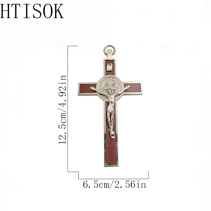 

New Eastern Catholic Silver Tone Crucifix with Red Wood Inlay and St. Benedict Medal for Home Wall Decor Religious Devotion Gift