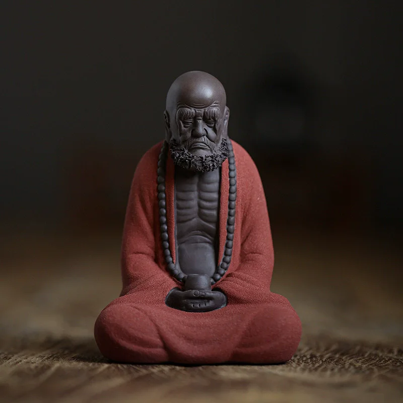 Chinese Zisha Bodhidharma Statue Zen Buddha Figurine for Tea Table Kung Fu Decoration