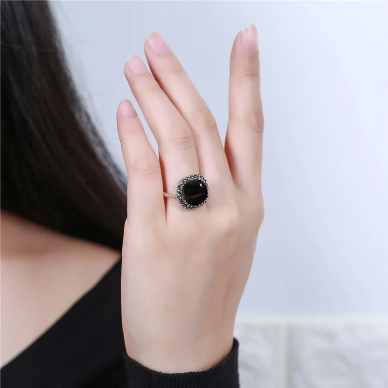 Genuine S925 Sterling Silver Charms Rings for Women New Fashion Claws Inlaid Agate Chalcedony Marcasite Jewelry Wholesale