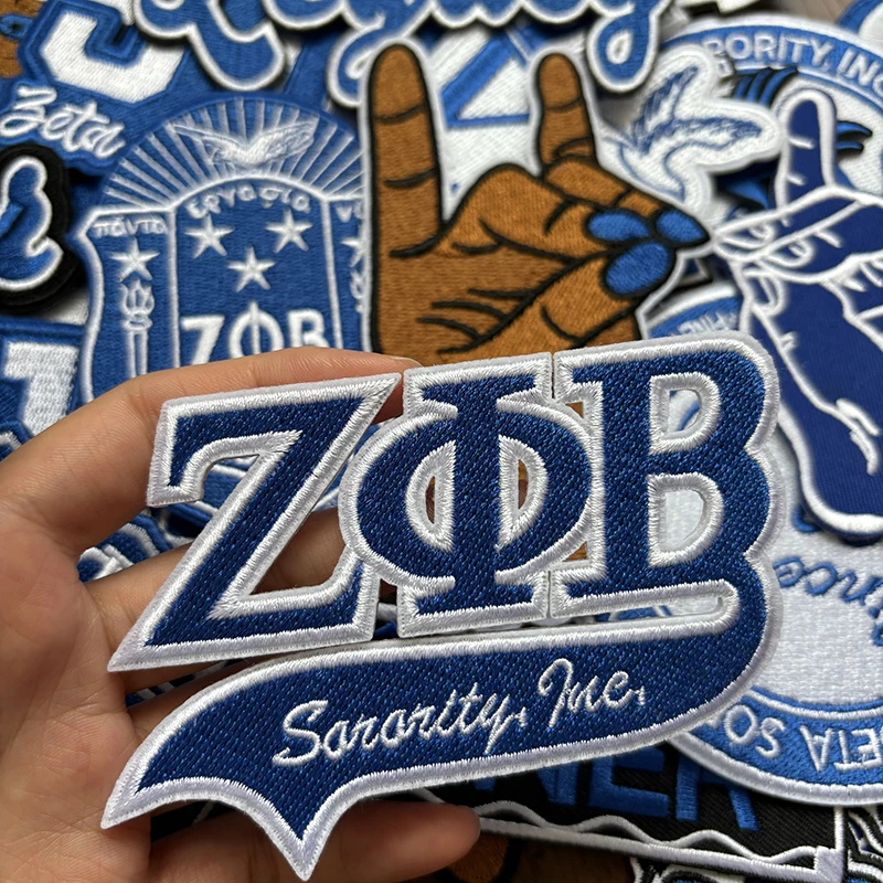 Serises Stock Blue & White Embroidery Sorority Zeta Phi Beta 1920 Soror Zeta Crest Round Zeta Hand Sign Iron Patch for Jackets