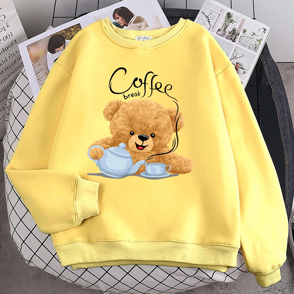 Street Casual Damen Sweatshirt Coffee Break Teddybär Making Coffee Print Hoodies Lose weiche Pullover Crewneck Fleece Kleidung