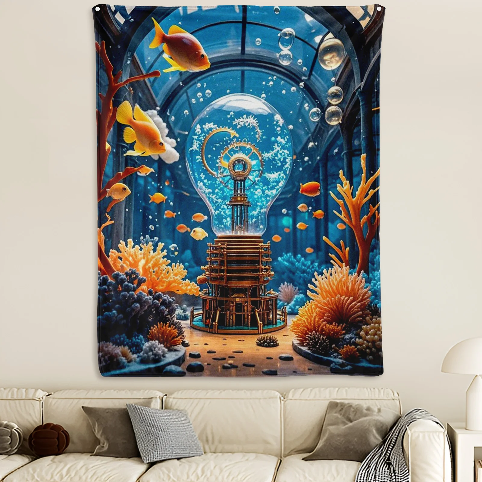 

Mechanical City Tapestry Blanket Featuring Light Bulb Fish Swarm And Tower For Industrial Urban Themed Home Decor Design