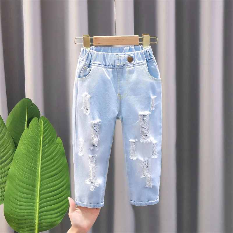 Boys' pants, spring and autumn styles, new trendy baby distressed soft jeans, children's spring casual pants