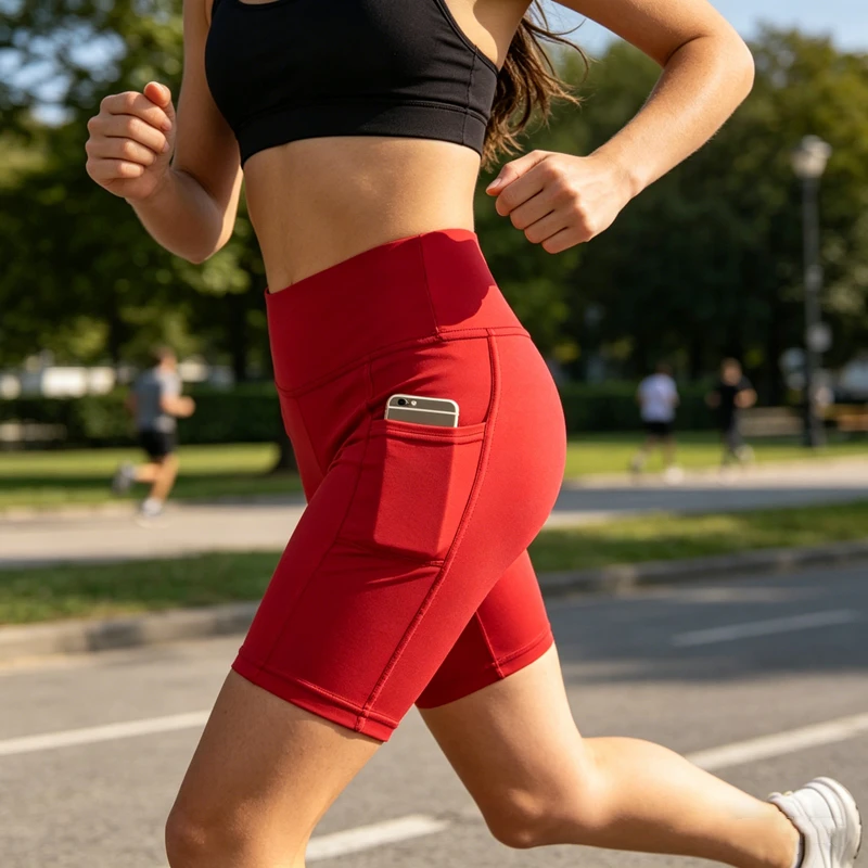 

Women Solid Color Yoga Shorts Jogging Running Cycling Fitness Sportswear High-waist with Side Pockets Sporty Shorts