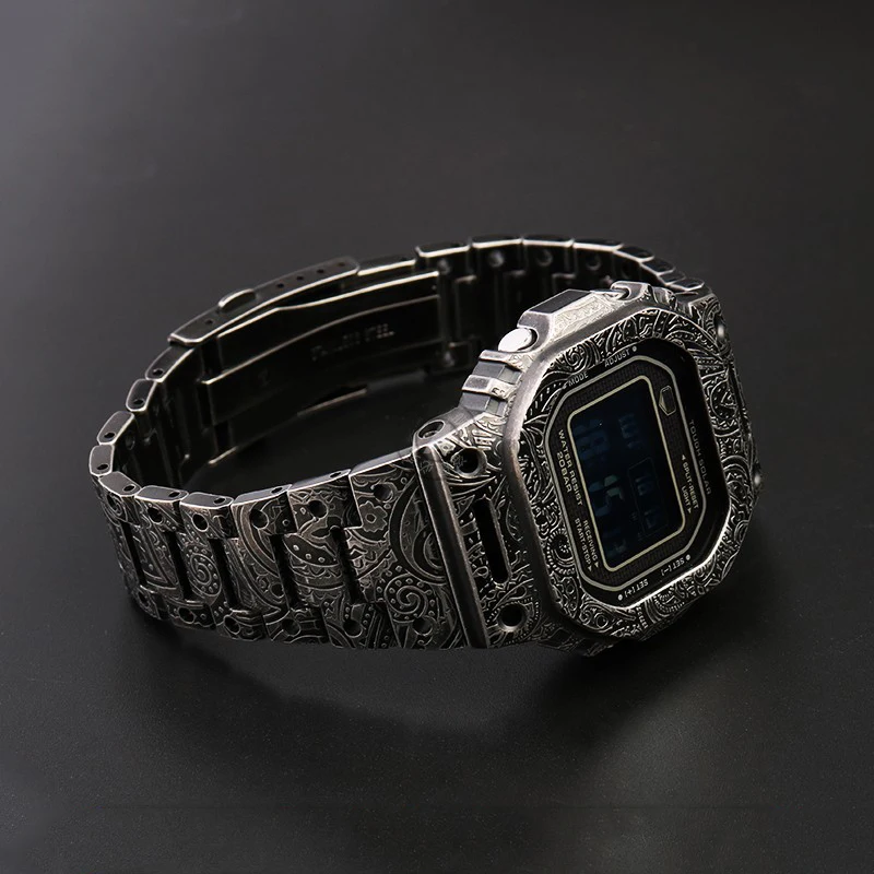 For Casio G-SHOCK GMW-B5000 DW-5600 DW-5610 Modified Carving Stainless steel Bezel Retrofit Watch Set case strap Men Watchband