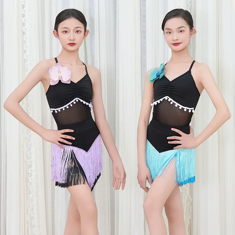 

Latin Dance Fashion Girls Competition Dresses Sleeveless Cha cha Latin Dance Tassels Dress Kids Performance Costume